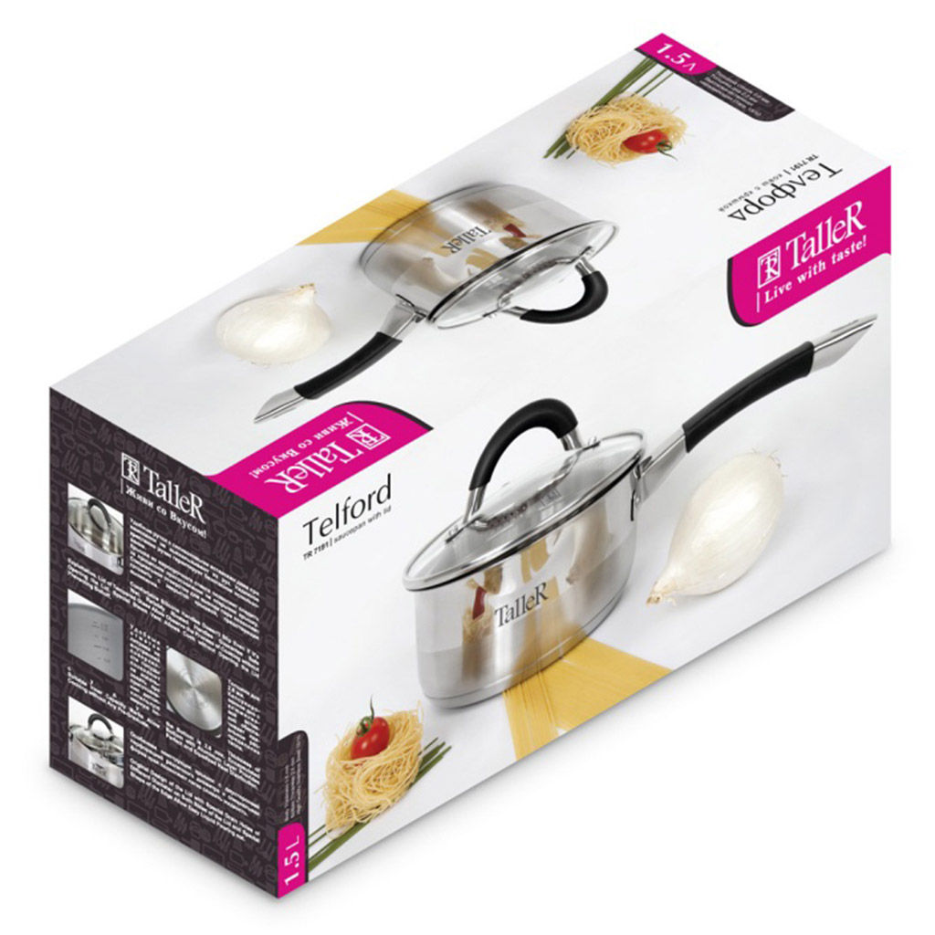 Ковш из нержавеющей стали Телфорд 1,5л, д16см, h8см, s0,6мм, дно s2,8мм, стеклянная жаропрочная крышка, широкий металлический ободок с отверстиями для слива жидкости, пароотвод, ручки из нержавеющей стали с силиконовыми вставками, капсулированное д - Домашняя мода фото 7