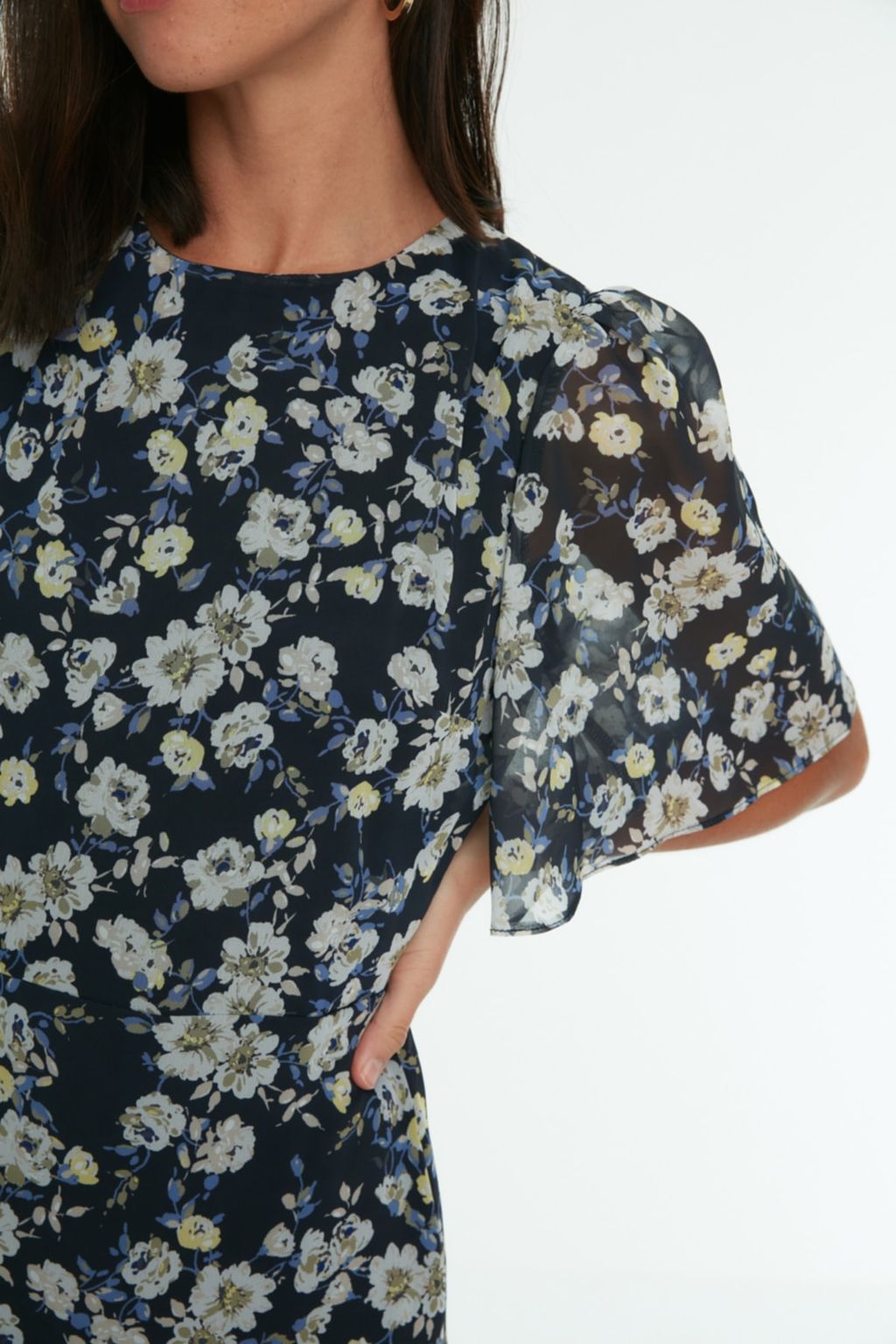 Lacivert Cicek Desenli A Kesim Astarl? Midi Dokuma Elbise TWOSS20EL0908