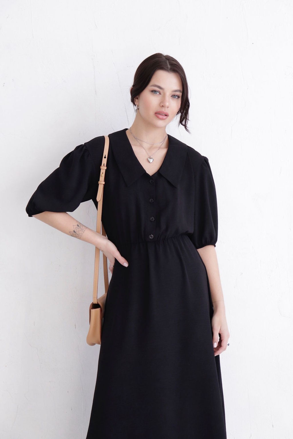 Платье-миди с отложным воротником чёрное - Martichelli фото 3