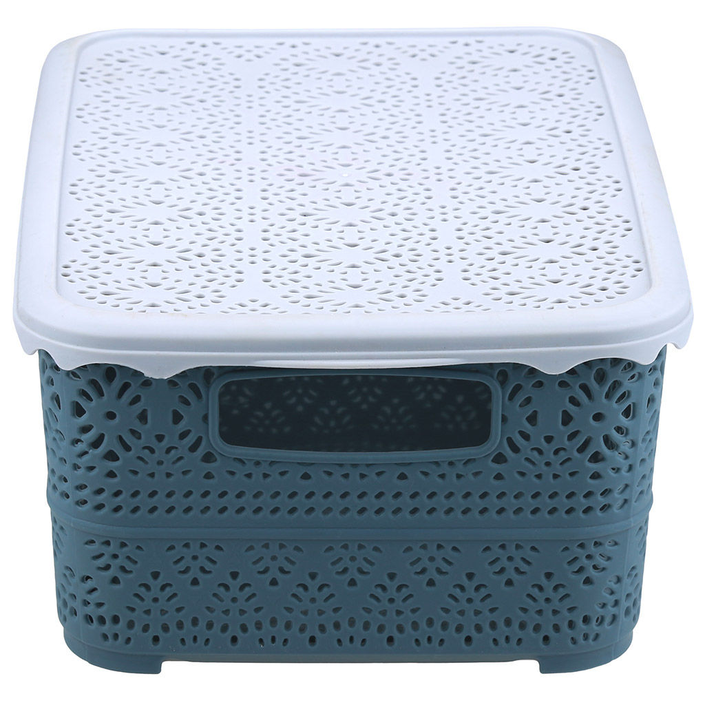 Домашняя мода Корзина пластмассовая для хранения Вышивка 26,5х19см h11,1см, матовый пластик, с серой крышкой, с ручками, синий (Китай)  фото 4