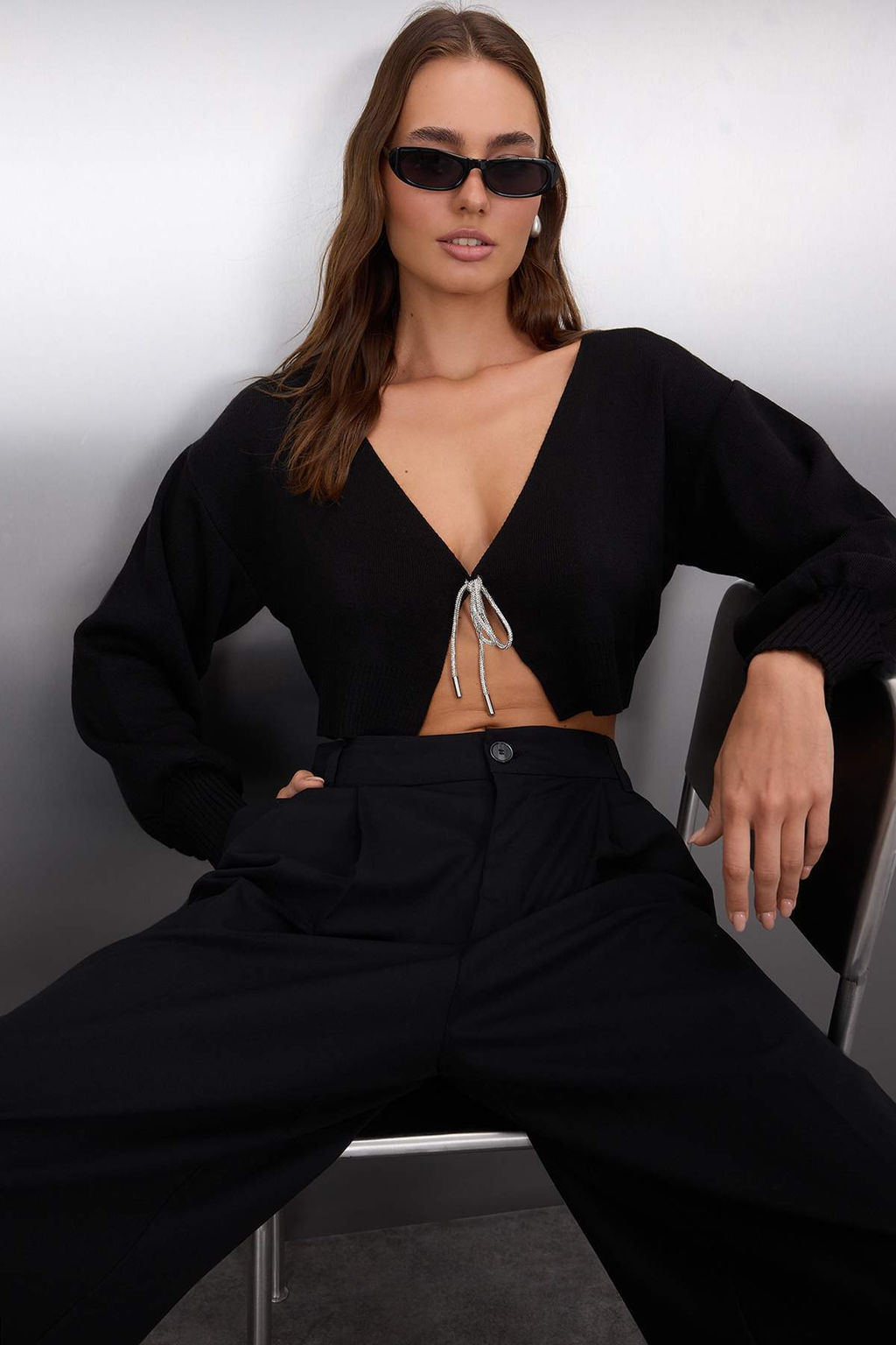Siyah Super Crop Basic Fiyonklu Triko H?rka TWOAW24HI00315