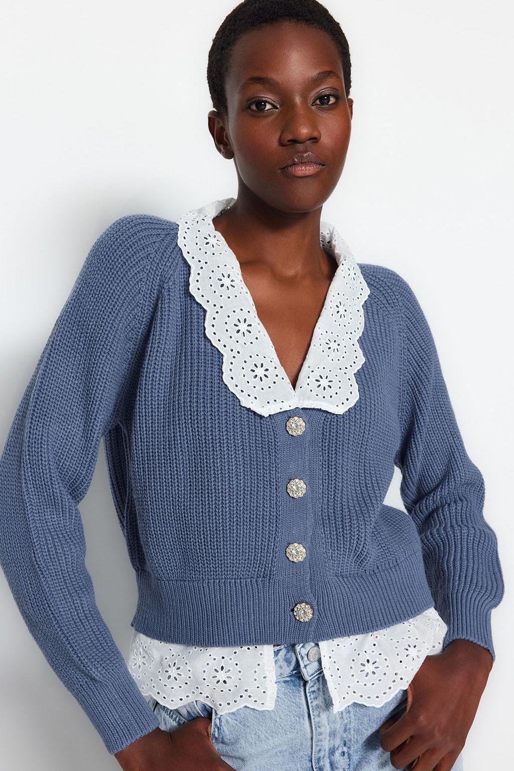 Indigo Crop Gomlek Garnili Detayl? V Yaka Triko H?rka TWOAW24HI00221