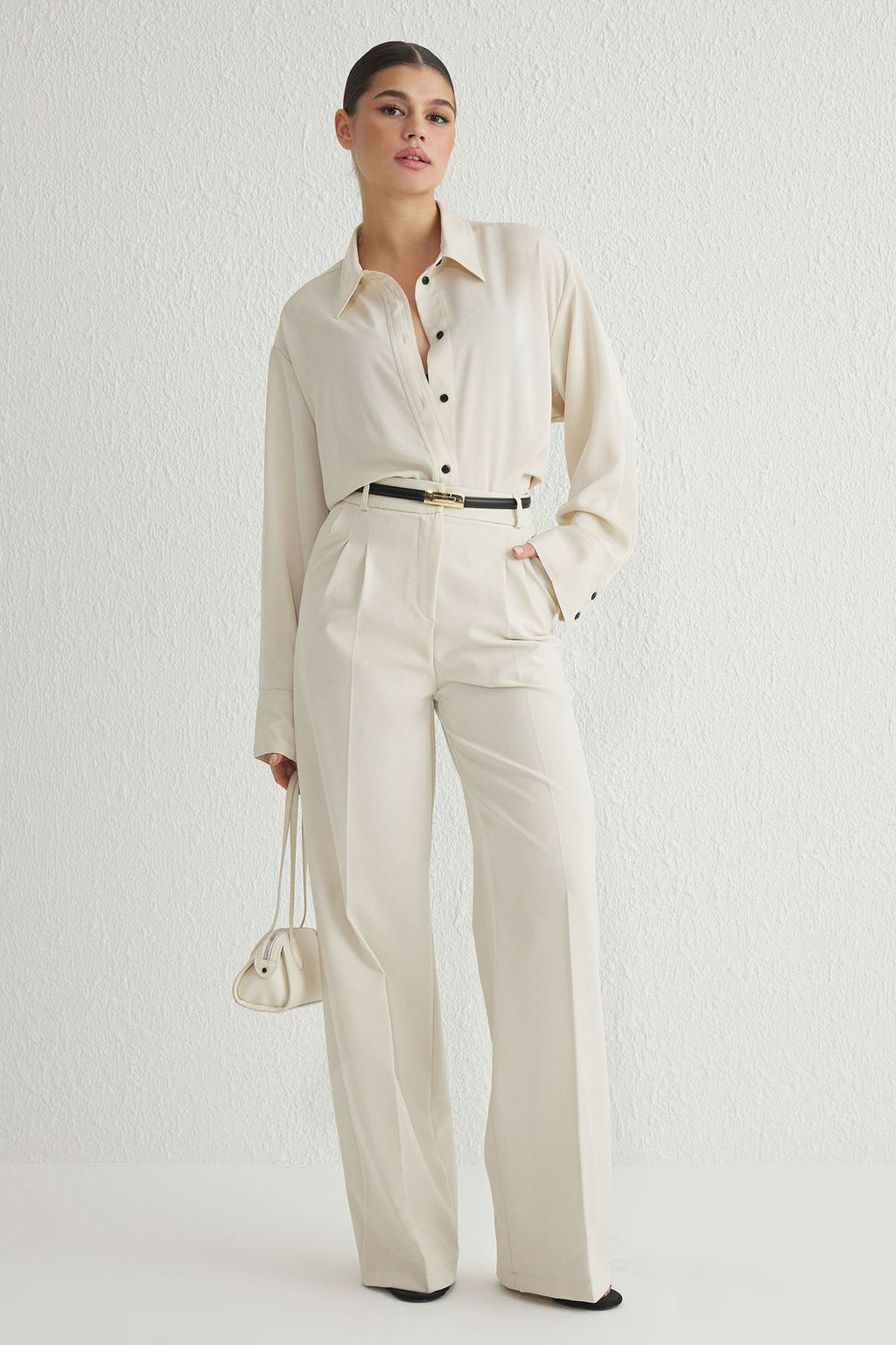 Ekru Pilili Wide Leg/Genis Paca Dokuma Pantolon TWOAW25PL00109 Palazzo
