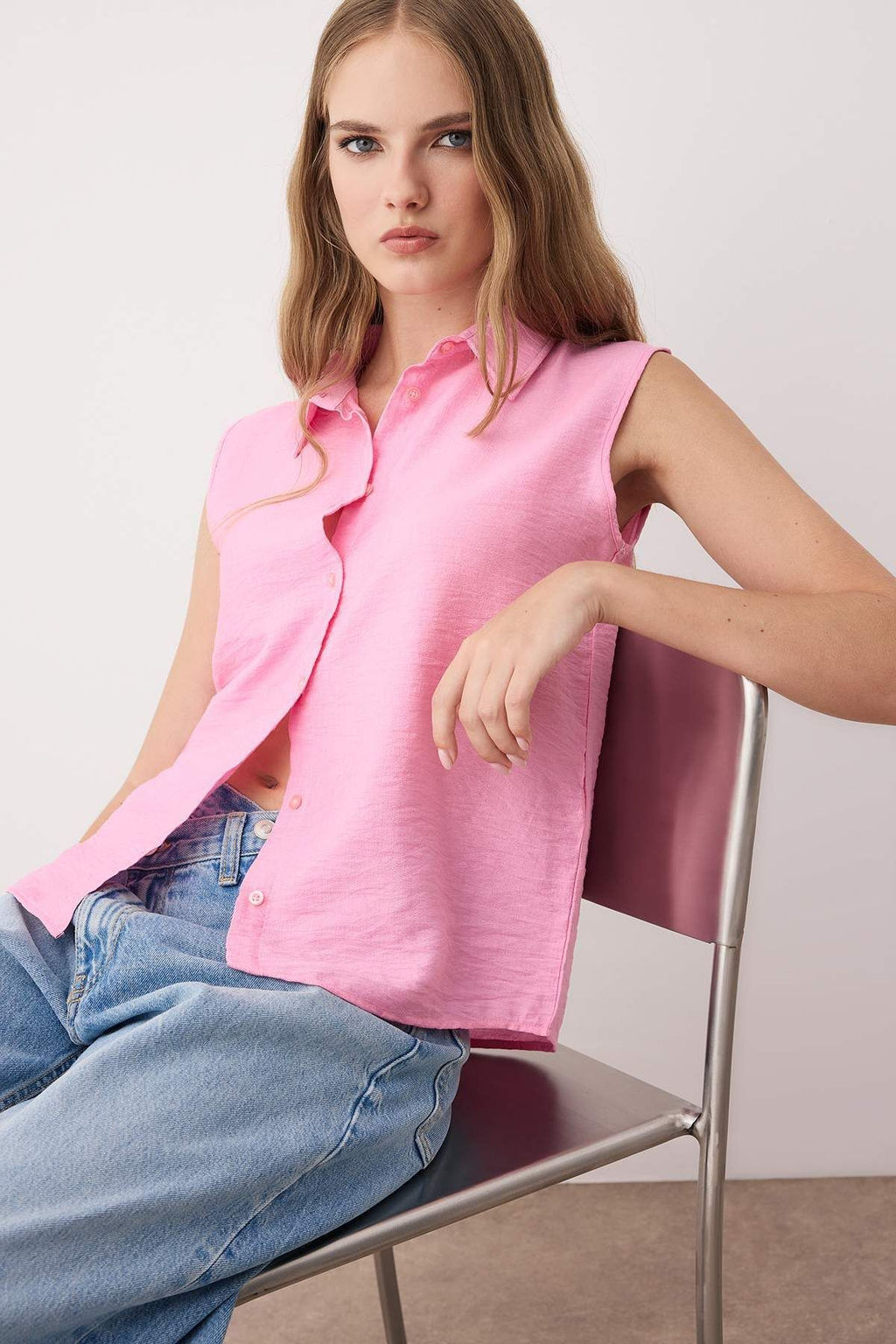 Pembe S?f?r Kol Keten Gorunumlu Regular Normal Kal?p Dokuma Gomlek TWOSS25GO00097