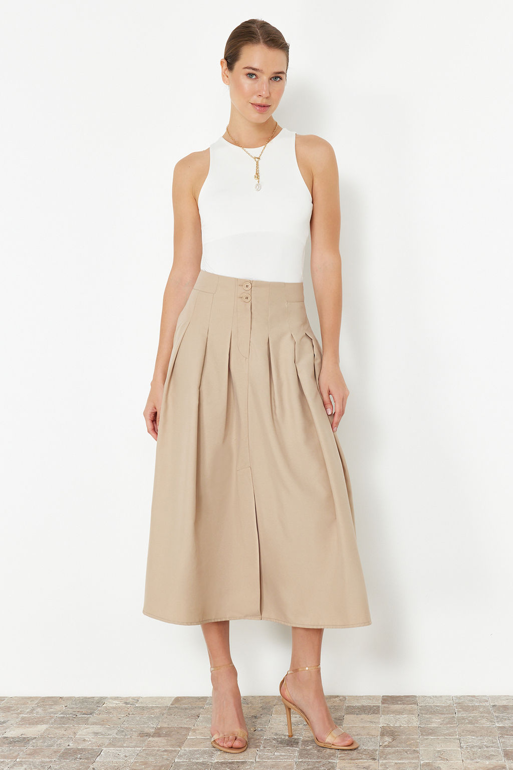 TRENDYOLMILLA Bej Pile Detayl? Onden Dugmeli Midi Boy Dokuma Etek TWOSS24ET00169  фото 4