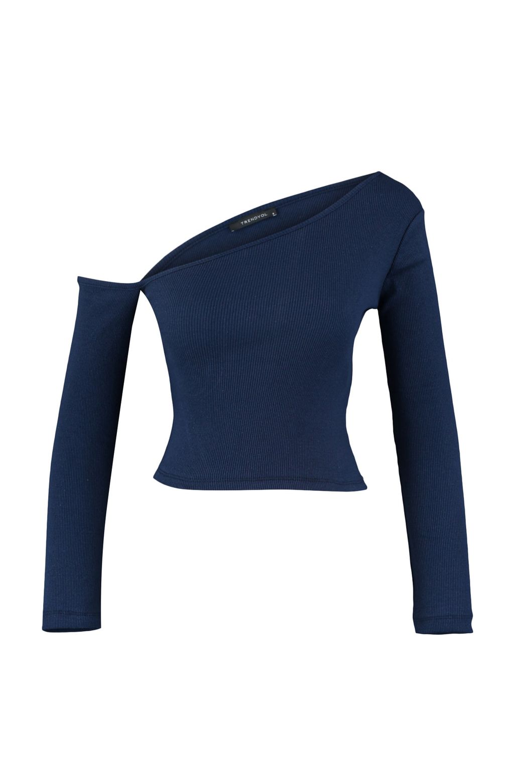 Trendyolmilla Indigo Fitted/Vucuda Oturan Asimetrik Yaka Omzu Ac?k Fitilli Esnek Orme Bluz TWOAW23BZ00088