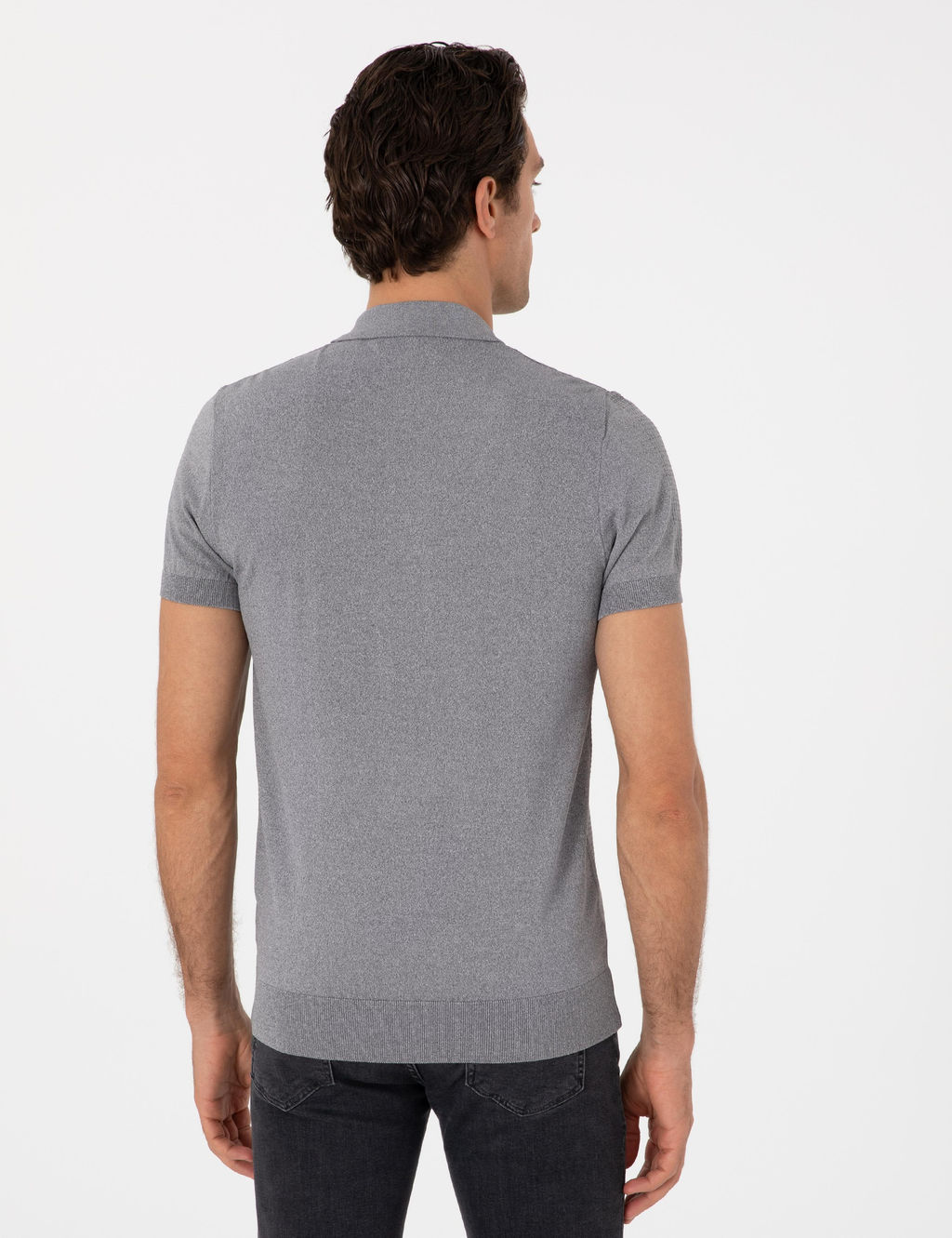 Gri Slim Fit Fermuarl_ Polo Yaka Triko T-shirt