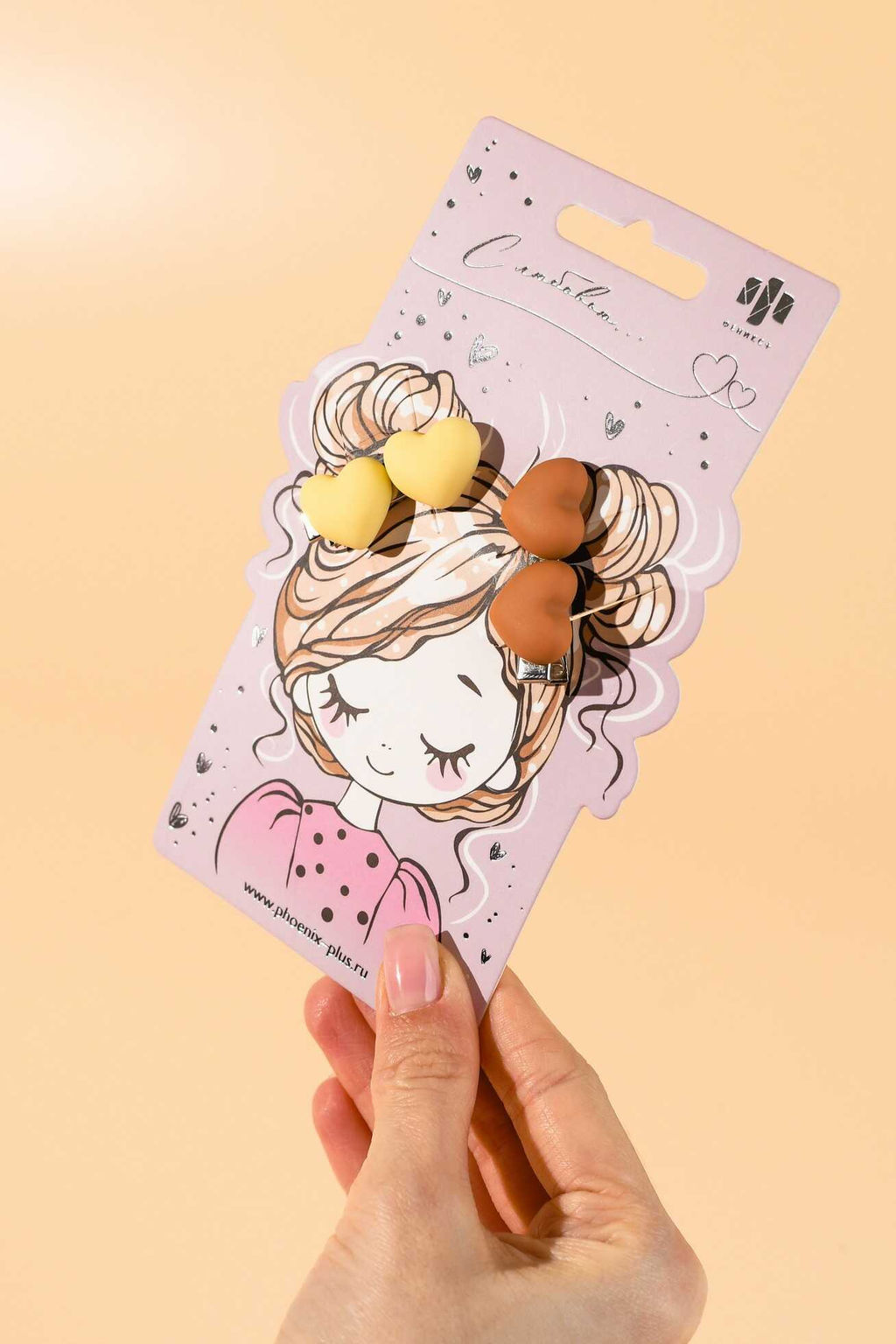 Набор заколок для волос зажим, арт. 71783 / 10 СЕРДЕЧКИ (в наборе: 2шт., 4 см, черный металл, полиметилметакрилат, цвет: коричневый, молочный, подложка из мелованного картона + ПЭТ-пакет с европодвесом)