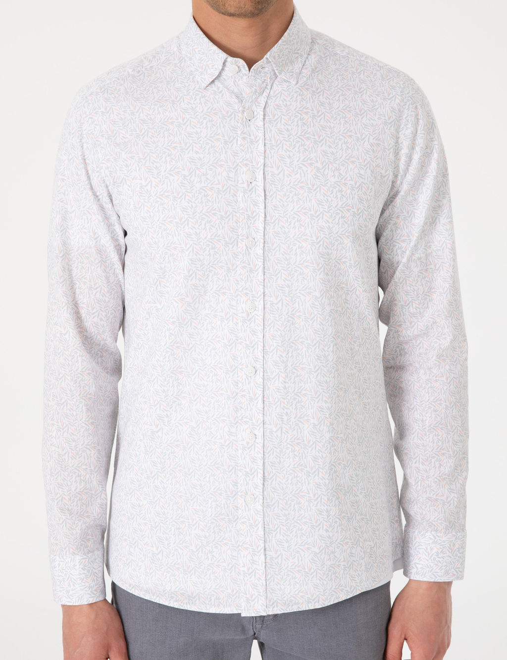 Beyaz Desen Bask_l_ Slim Fit Uzun Kollu G_mlek