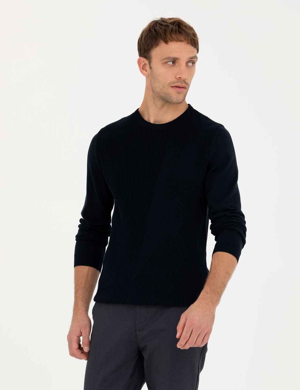 Lacivert Slim Fit Bisiklet Yaka Triko Kazak