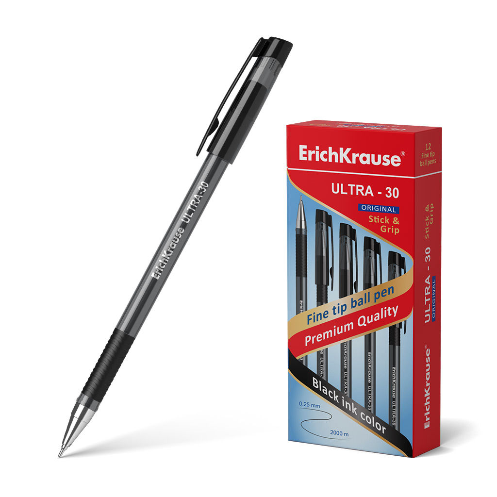Цена за 12 шт. Ручка шариковая ErichKrause ULTRA-30 Stick&Grip Original 0.7, Super Glide Technology, цвет чернил черный (в коробке по 12 шт.)