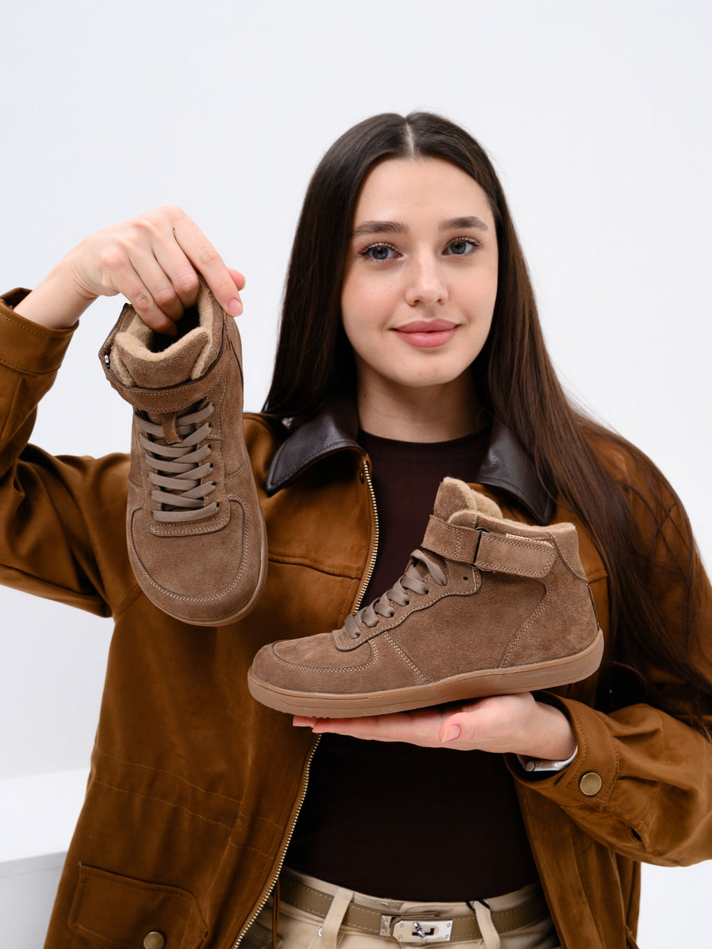 Кеды босоногие женские демисезонные 211.NATAbr.Серо-коричневая замша/Байка