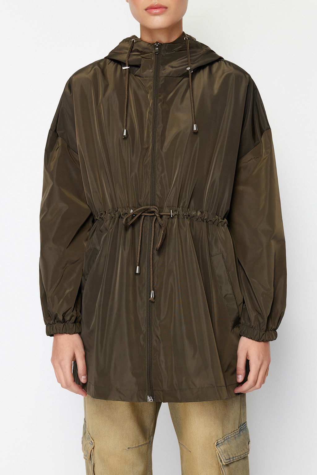 Haki Oversize Kapusonlu Su Gecirmez Yagmurluk Mont TWOAW24MO00160