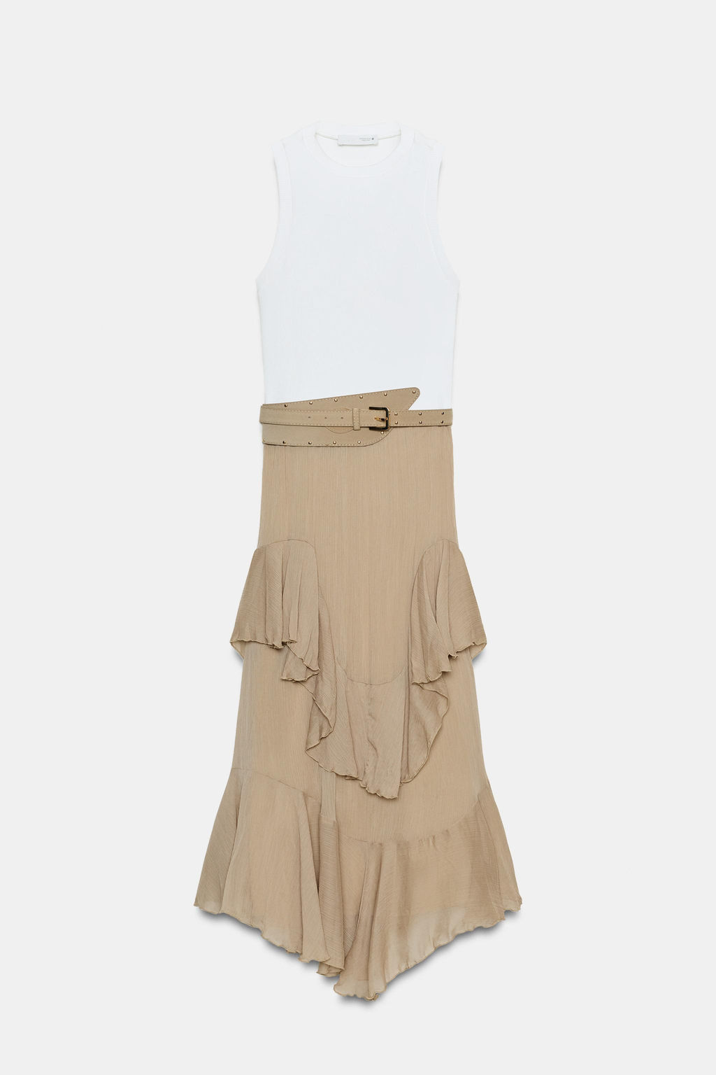 VESTIDO COMBINADO CINTUR?N VOLANTES / CAMEL/BLANCO - Zara фото 2