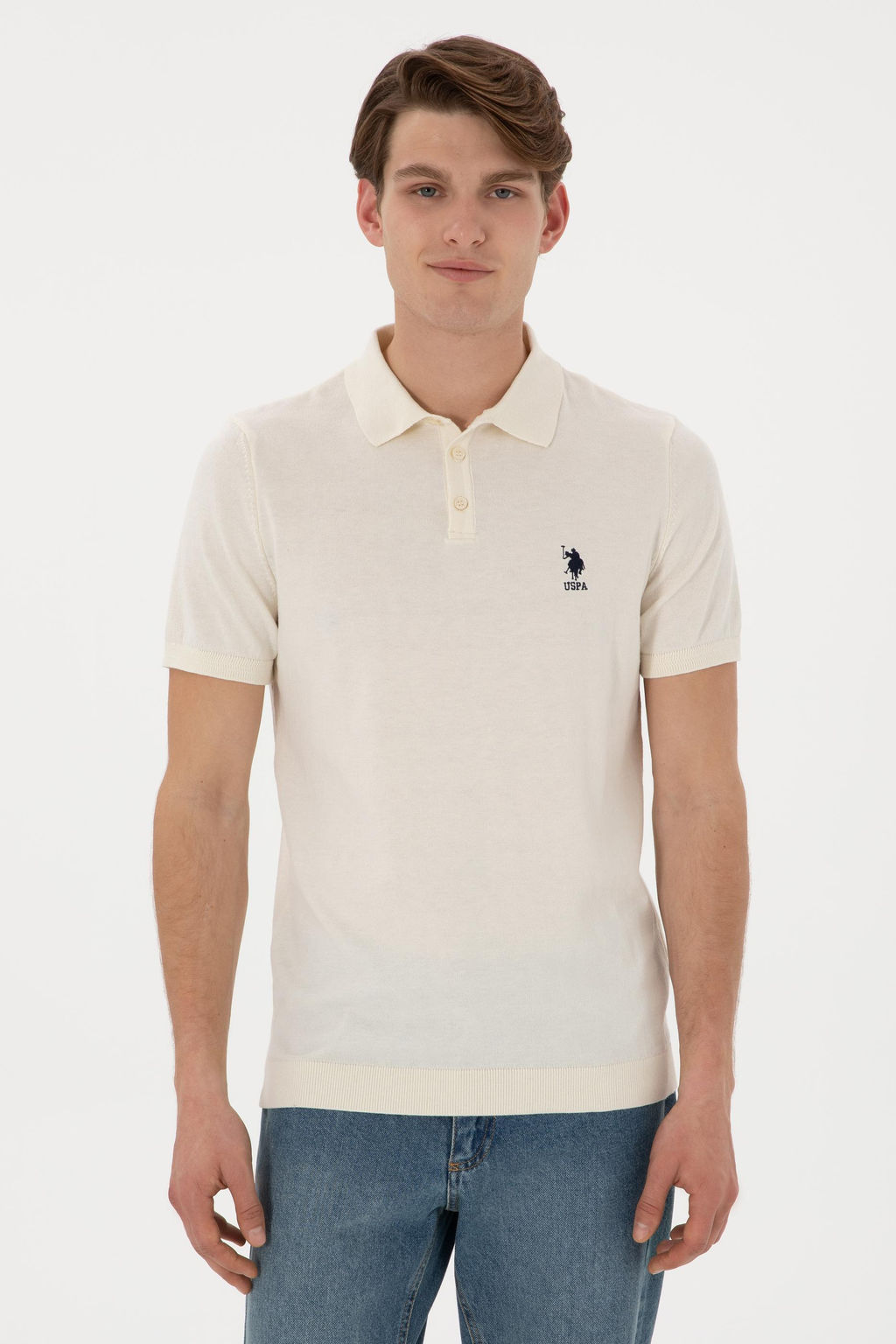 Erkek Slim Fit Polo Yaka Krem Ti__rt
