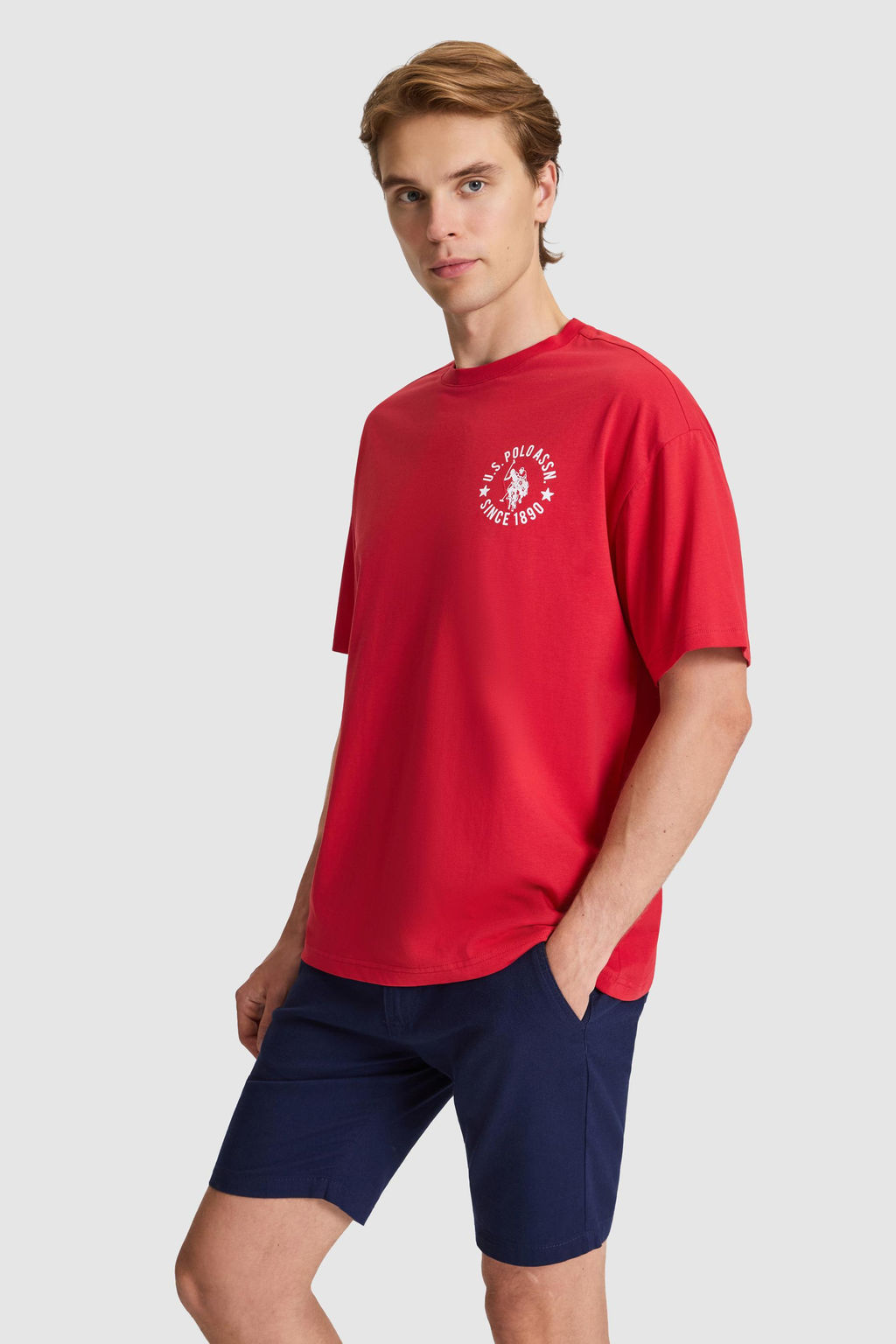 Erkek K_rm_z_ Oversize Fit Bisiklet Yaka Ti__rt