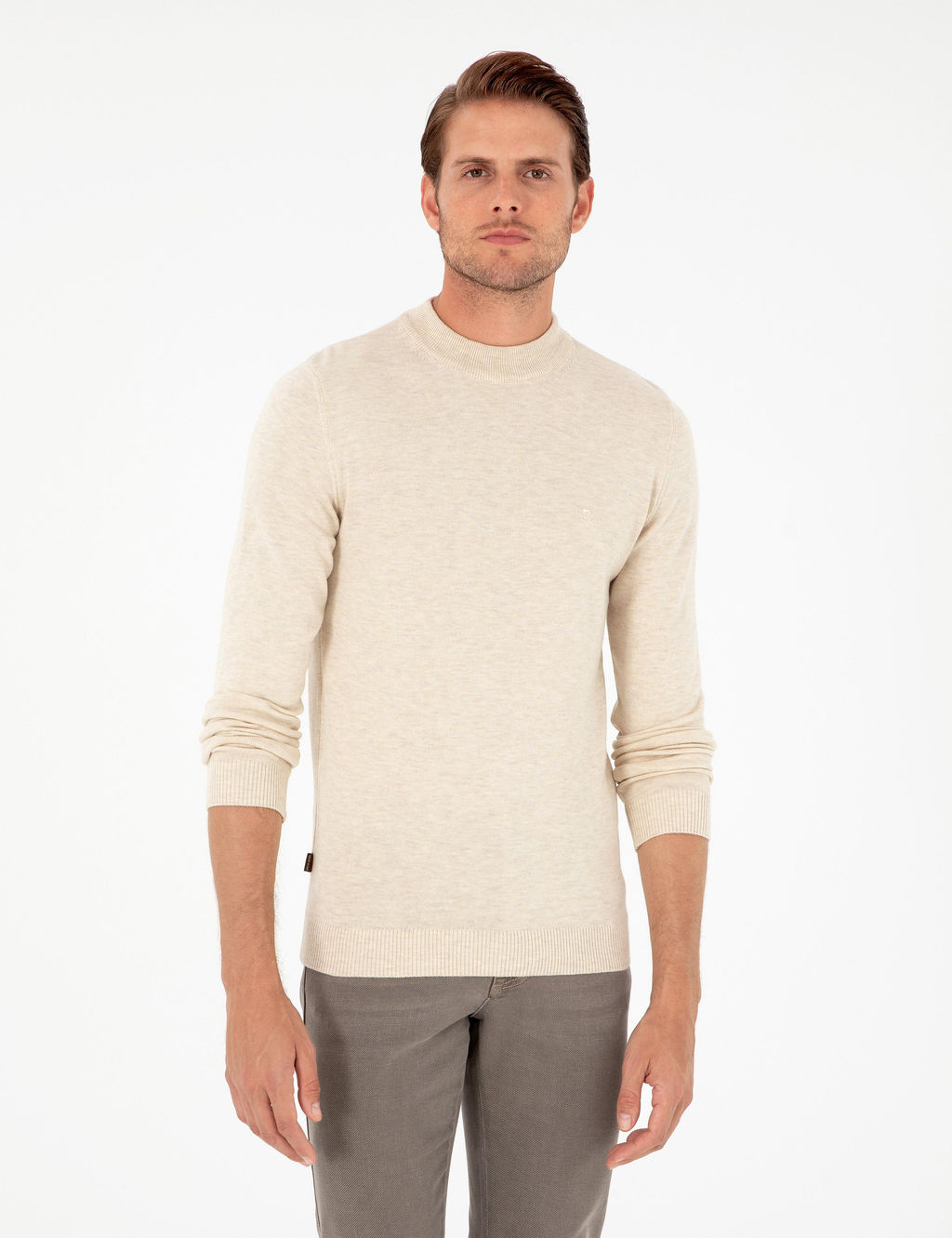 Krem Melanj Slim Fit Yar_m Bal_k__ Yaka Basic Triko Kazak