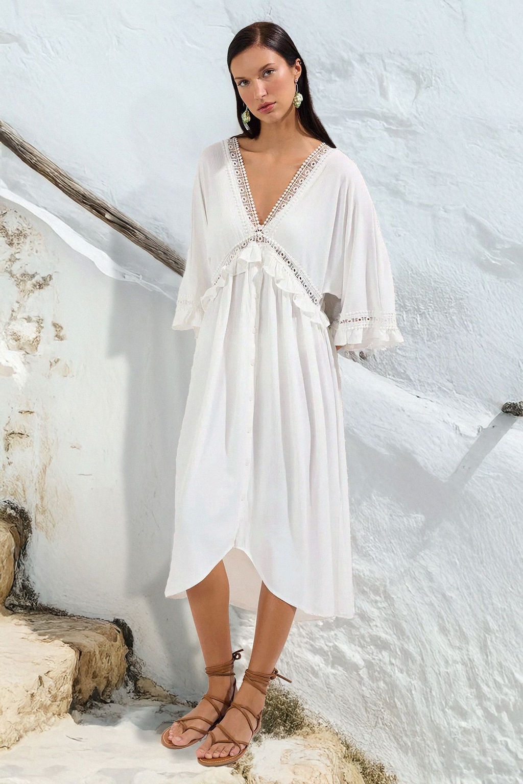 Trendyolmilla Ekru Maxi Dokuma Volanl? Plaj Elbisesi TBESS25EL00075