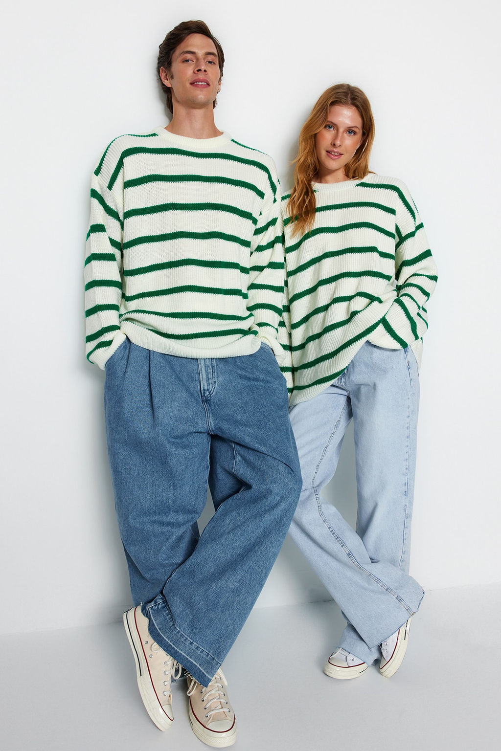 TRENDYOL MAN Vizon Casual Oversize Bisiklet Yaka Cizgili Triko Kazak TMNAW23KZ00285 - Trendyolmilla фото 2