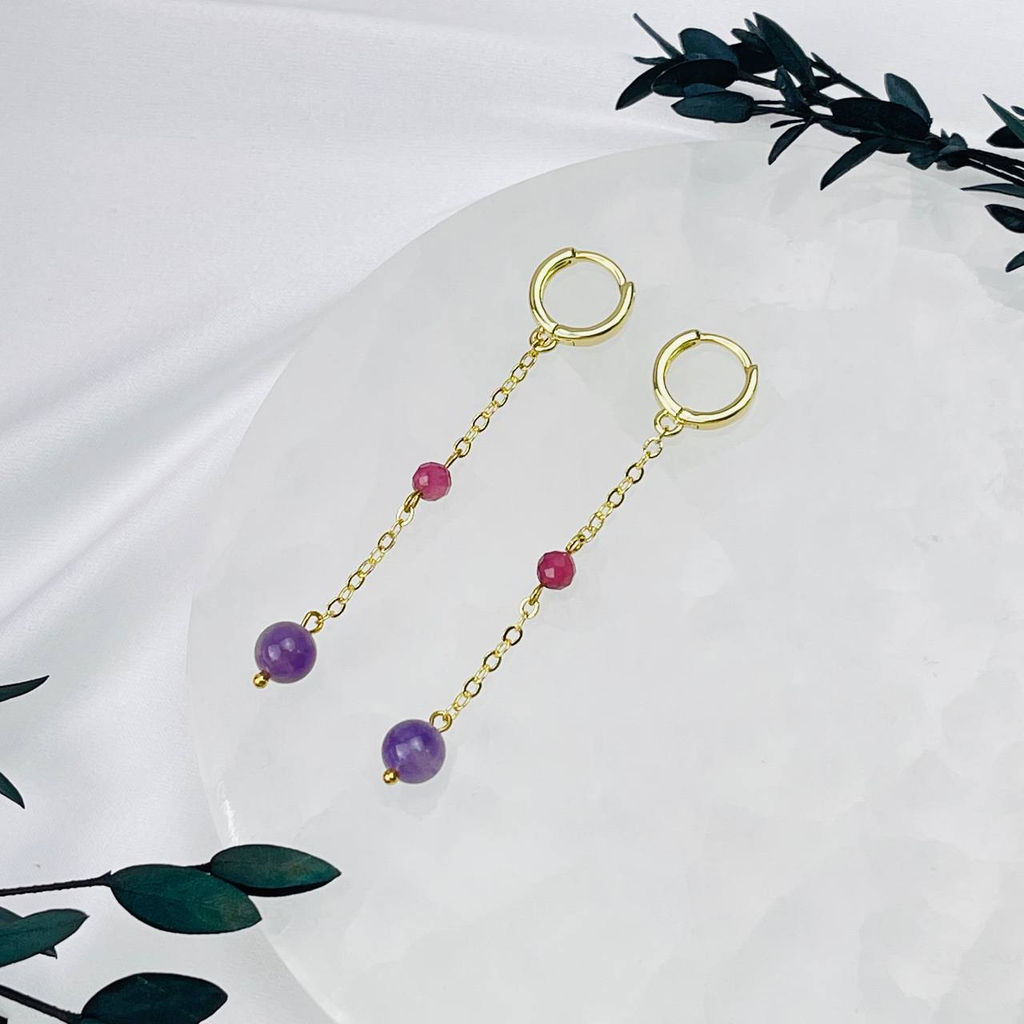 Серьги на цепочке из Аметиста и розового Турмалина