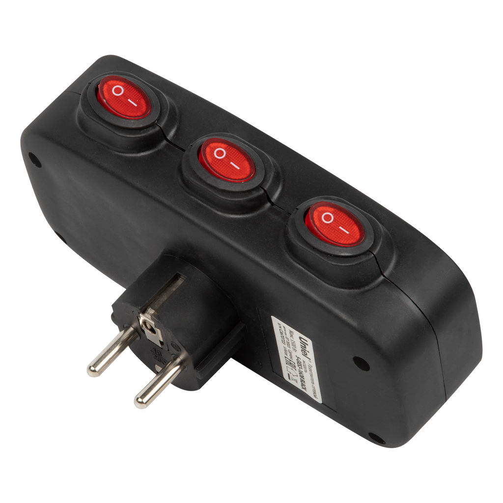S-GES3-16OB BLACK Разветвитель сетевой с выключателм, с/з. 3 гнезда. 16А, 3500Вт. Черный. ТМ Uniel