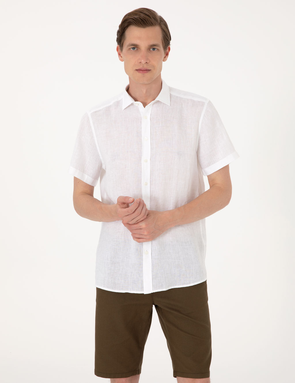 Beyaz %100 Keten Regular Fit K_sa Kollu G_mlek