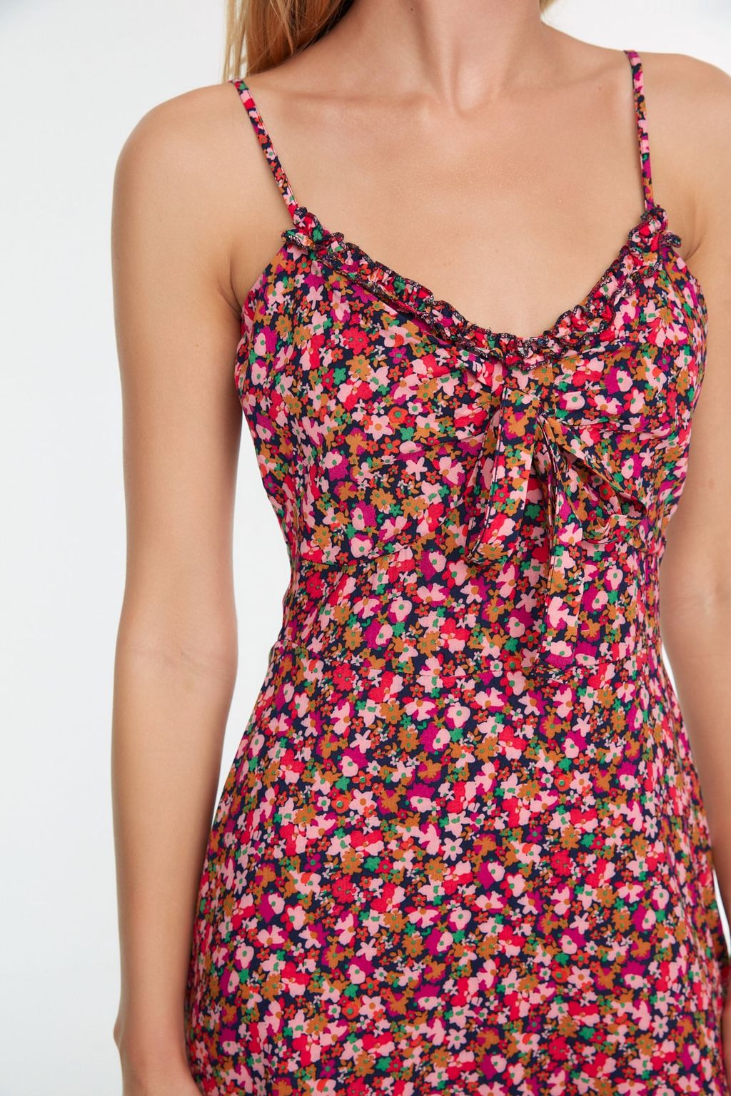 Cok Renkli A Kesim Mini Baglama Detay? Cicek Desenli Dokuma Elbise TWOSS21EL3214