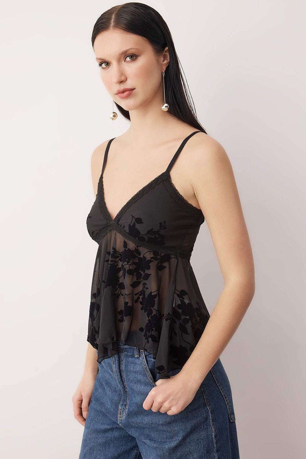 Siyah Cicekli Volan Detayl? Tul Party Bluz TPRAW26BZ00056 - Trendyolmilla фото 2