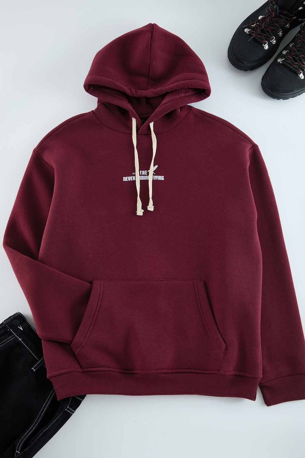 TRENDYOL MAN Bordo Oversize/Genis Kesim Kapusonlu Bask?l? Ici Polar Pamuklu Sweatshirt TMNAW24SW00136 - Trendyolmilla фото 11