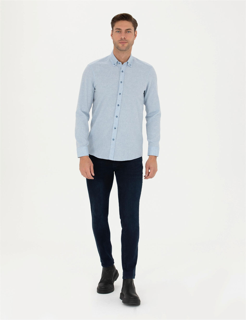 A__k Mavi Slim Fit Uzun Kollu G_mlek