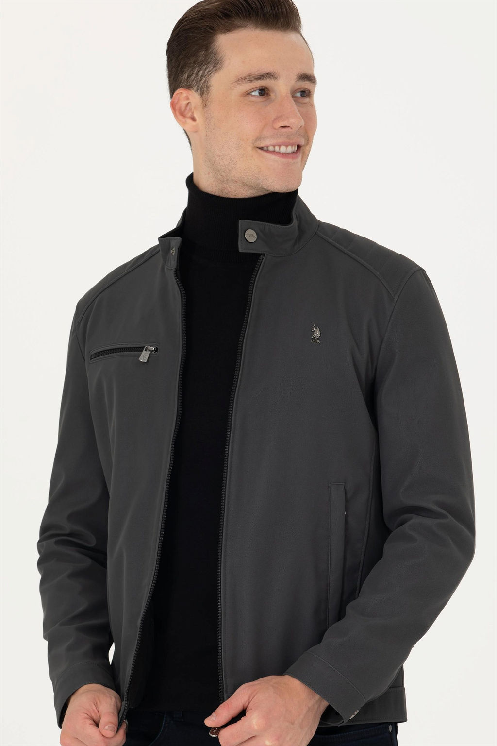 U. S. Polo Assn / Мужская кожаная куртка антрацитового цвета - U.s. polo assn фото 4