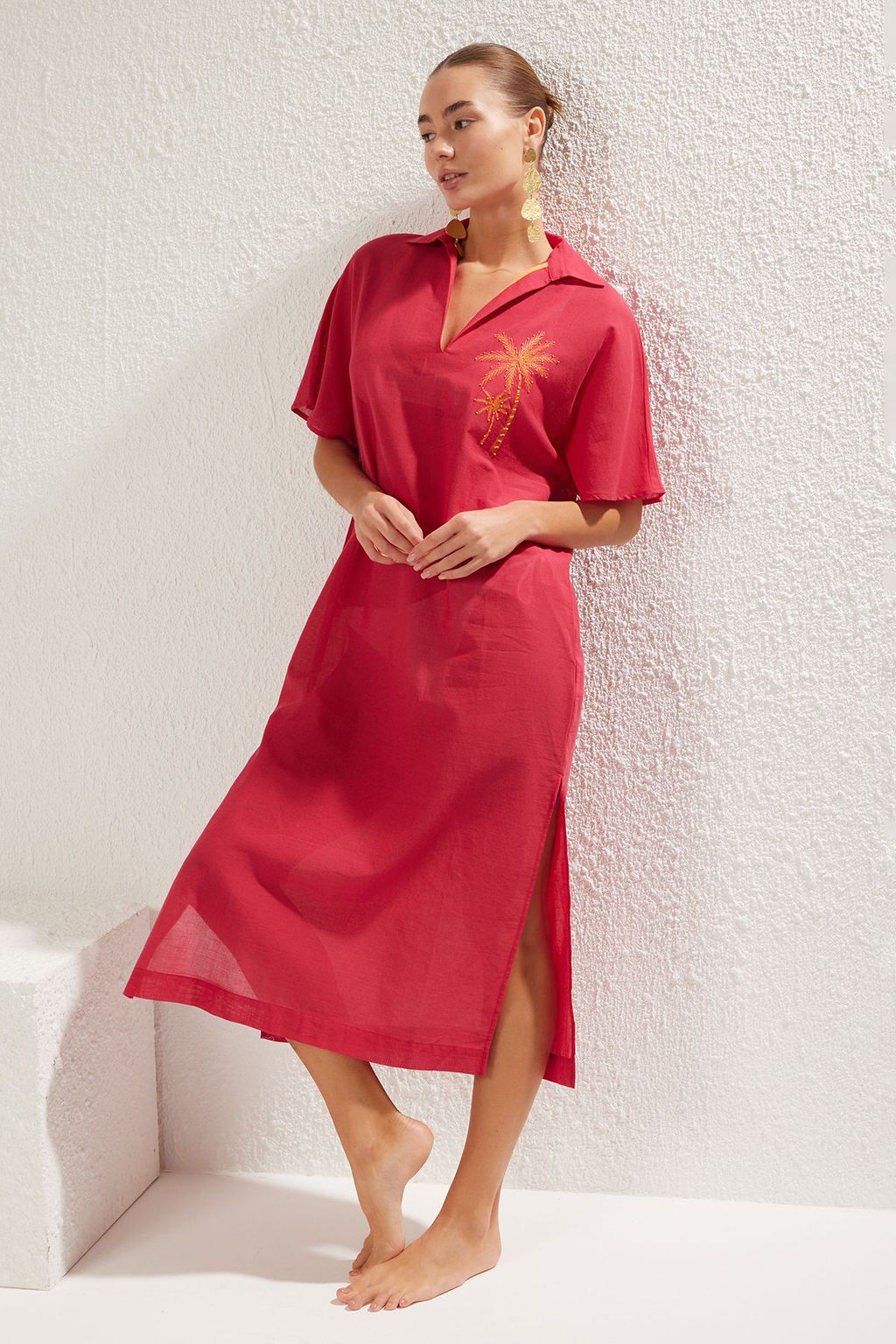 Trendyolmilla Fusya Maxi Dokuma %100 Pamuk Nak?sl? Plaj Elbisesi TBESS25EL00026  фото 2