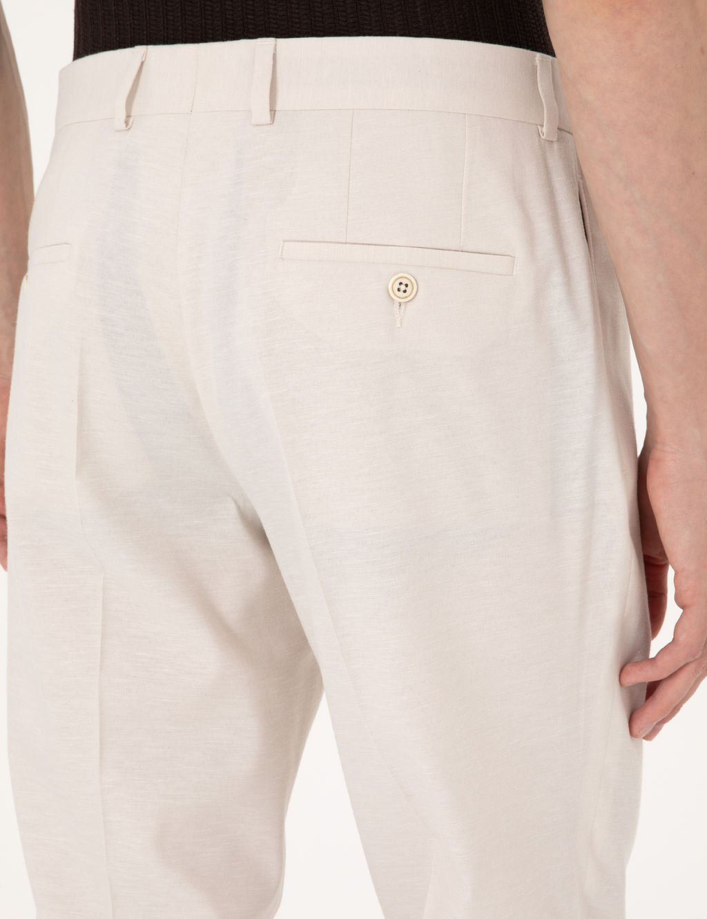 Bej Slim Fit Keten Kar___ml_ Pileli Kuma_ Pantolon