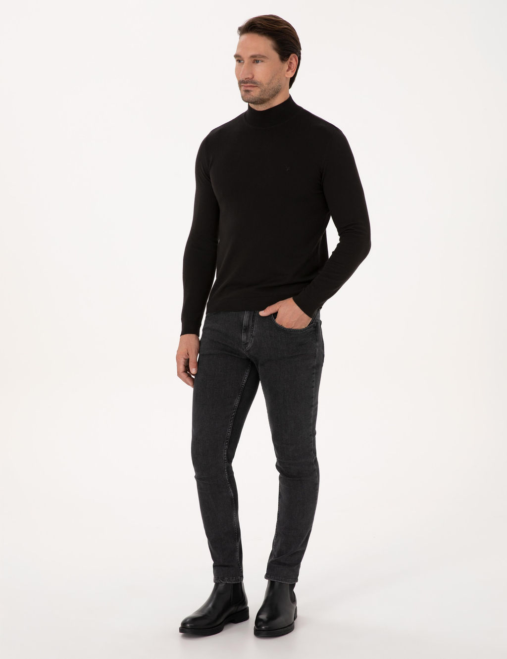 Siyah Slim Fit Pamuk Kar___ml_ Yar_m Bal_k__ Yaka Basic Triko Kazak - Cacharel фото 4