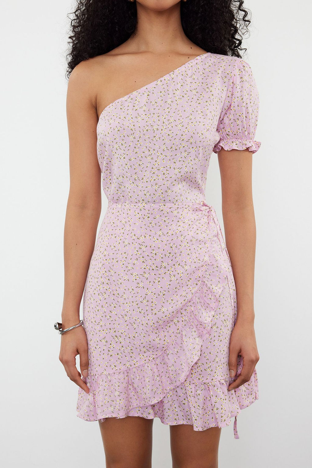 Lila Cicek Desenli F?rf?r Etekli Asimetrik Yaka Viskon Mini Dokuma Elbise TWOSS24EL00860 - Trendyolmilla фото 5