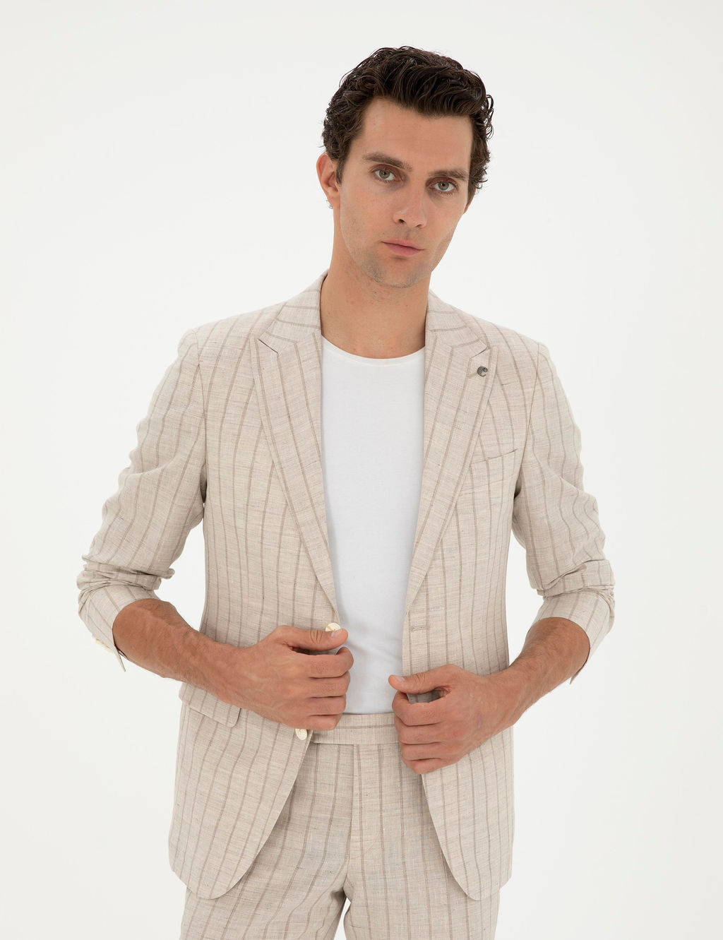 Bej Slim Fit _izgili Y_n Kar___ml_ Keten Tak_m Elbise