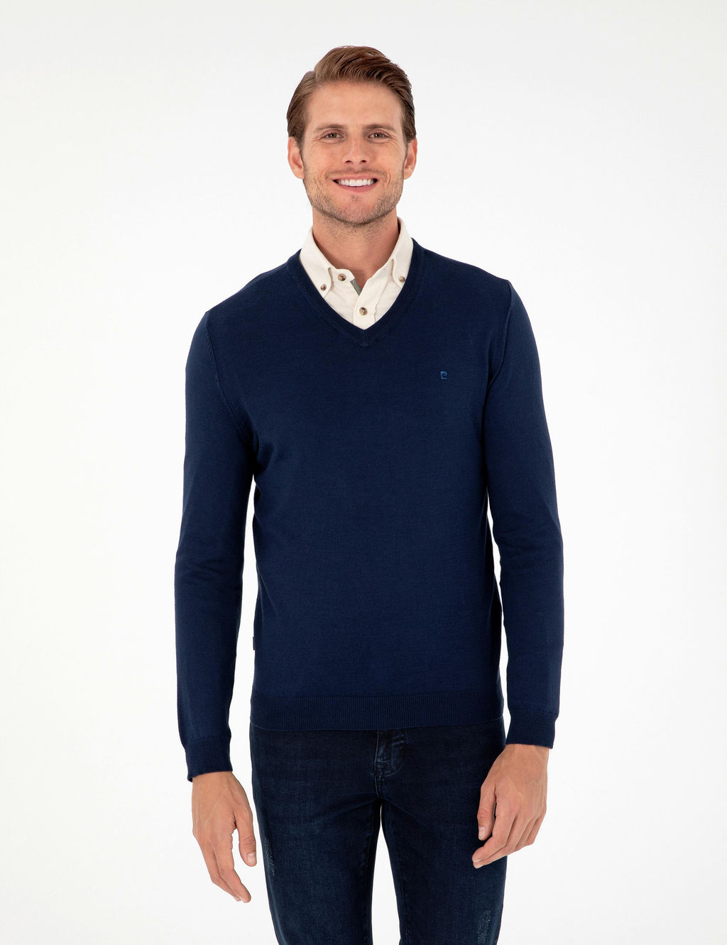 A__k Lacivert Slim Fit V Yaka Basic Triko Kazak
