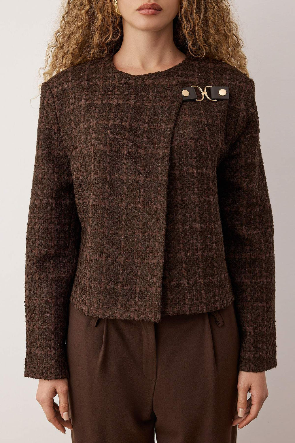 Kahverengi Aksesuar Kapamal? Dokuma Tuvit Ceket TWOAW26CE00069 - Trendyolmilla фото 2