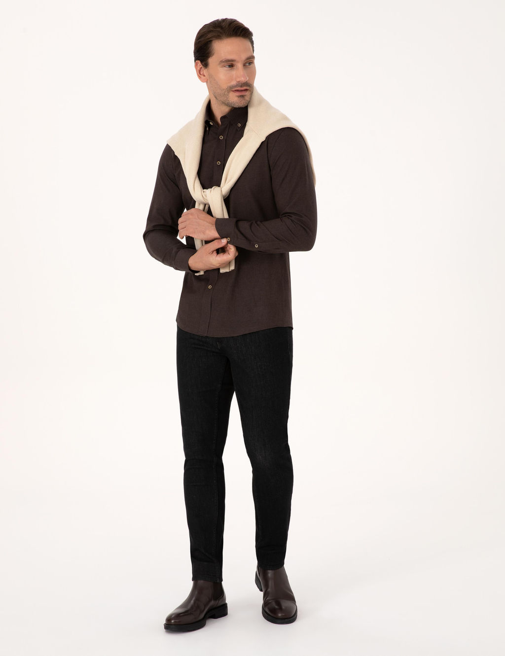 Koyu Kahverengi Slim Fit %100 Pamuk Yakas_ D__meli Flanel G_mlek - Cacharel фото 4