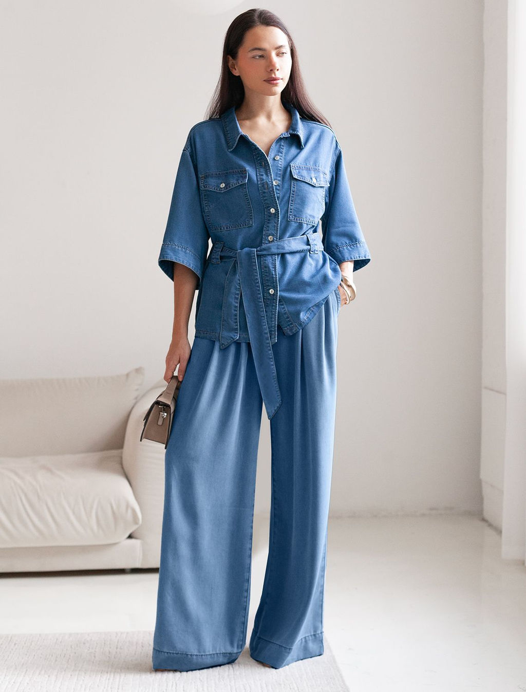 Брюки-палаццо с поясом на резинке из джинсового лиоцелла - Vilatte фото 4