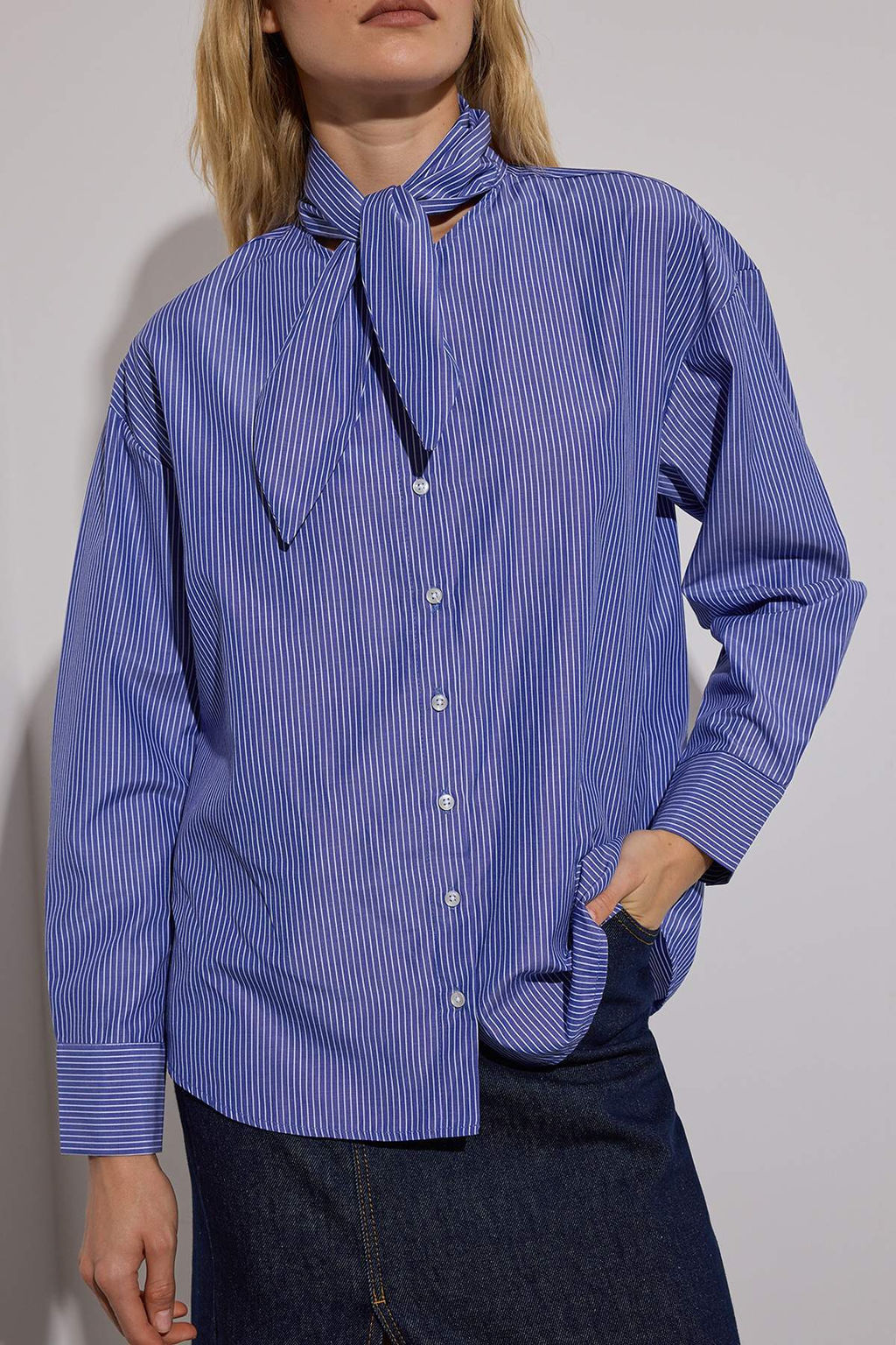 Limited Edition Lacivert Cizgili Fular Baglamal? Gomlek TWOAW26GO00046 - Trendyolmilla фото 3