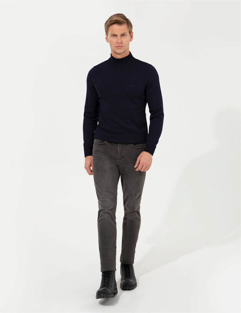 Lacivert Slim Fit Yar_m Bal_k__ Yaka Basic Triko Kazak