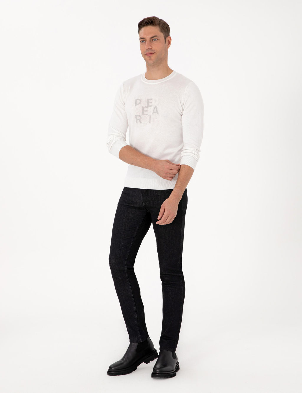 Ekru Slim Fit Bisiklet Yaka Triko Kazak
