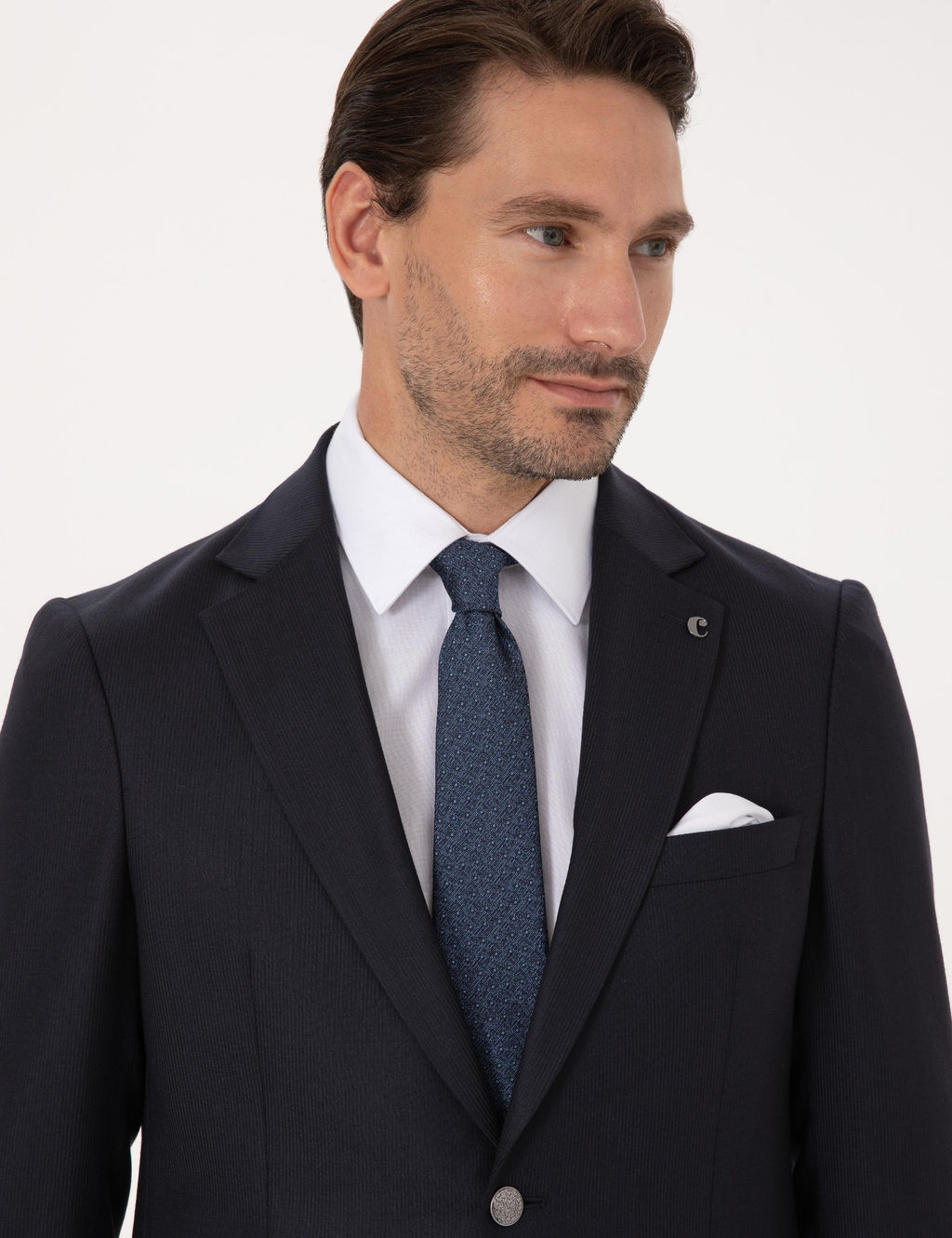 Koyu Lacivert Slim Fit Y_n Kar___ml_ Mikro Desenli Tak_m Elbise - Cacharel фото 2