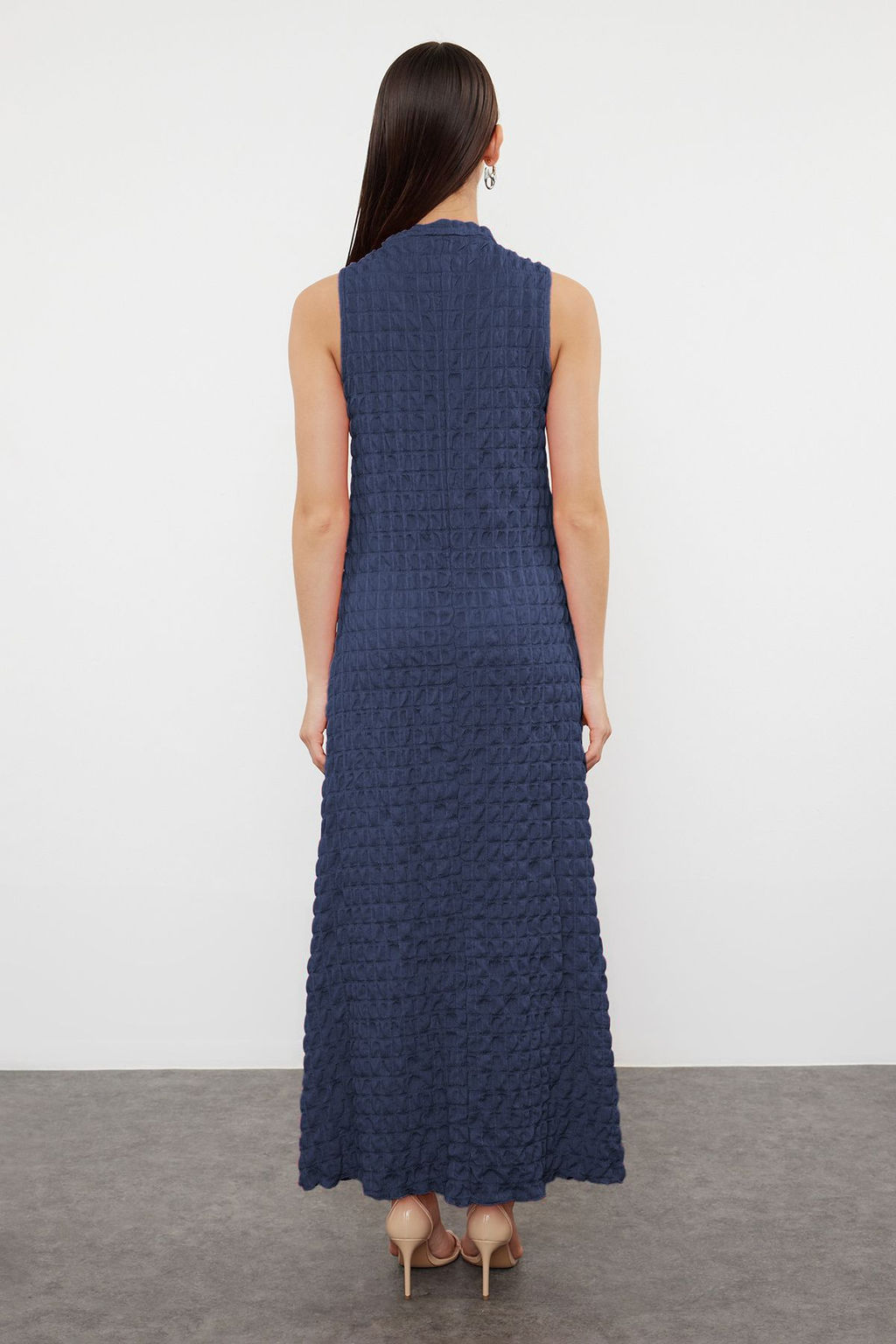 Indigo Duz Dokulu A Kesim/Can Form Bisiklet Yaka Dokulu Maxi Elbise TWOSS24EL00683