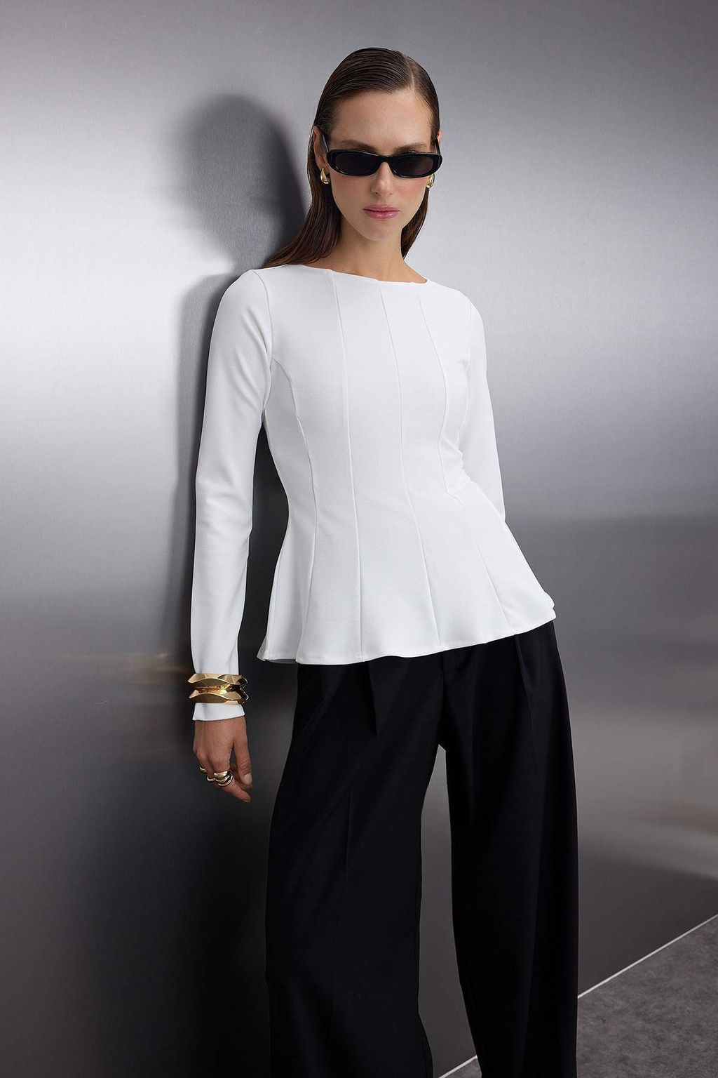 Ekru Kay?k Yaka Peplum/Belden Oturmal? Regular Boy Orme Bluz TWOAW26BZ00166