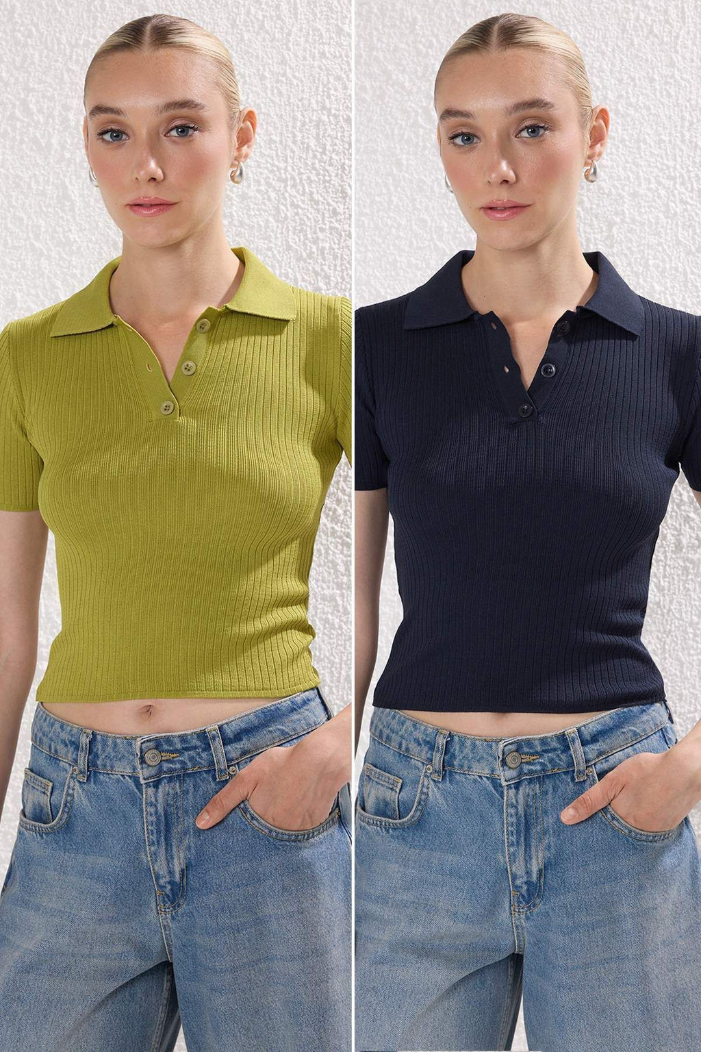 Trendyolmilla Siyah*001-Kahverengi Basic Polo Yaka Ikili Paket Triko Ince Bluz TWOSS25BZ00503 фото 8