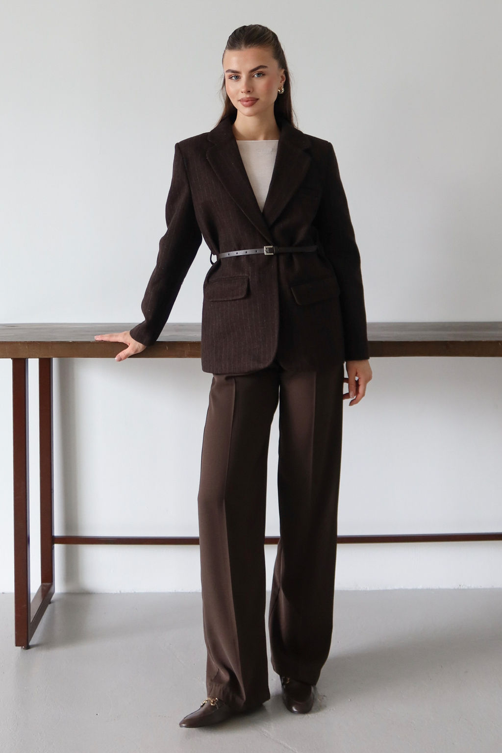 Kahverengi Kase Cizgili Kemerli Dokuma Blazer Ceket TWOAW26BC00072 - Trendyolmilla фото 8