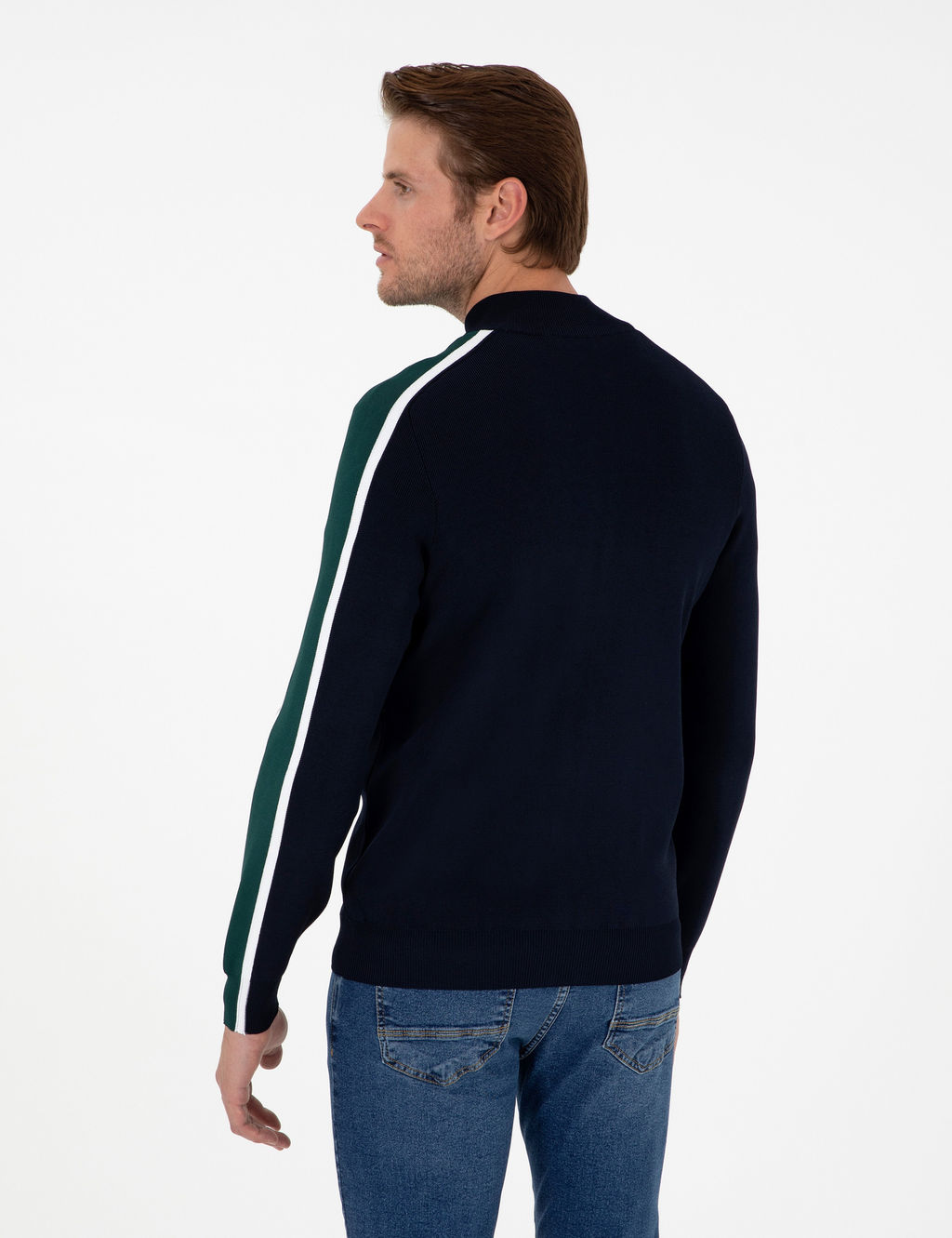 Lacivert Slim Fit Y_n Kar___ml_ Fermuarl_ Triko H_rka