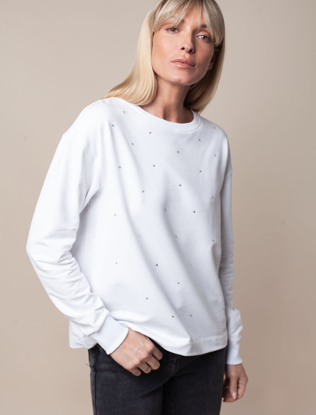 VILATTE / Свитшот со стразами из футера с эластаном  фото 6